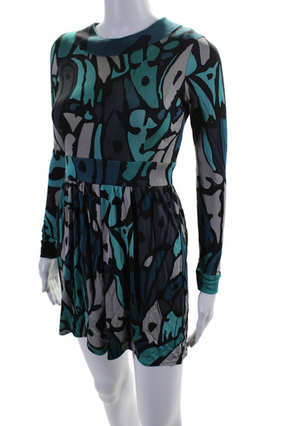 Issa London Womens Abstract Print Round Neck Long Sleeve Mini Dress Blue Size 4