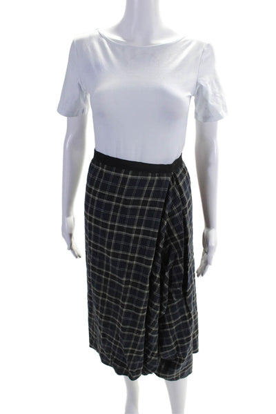 Vince Womens Wool Plaid Print Elastic Waist Midi Asymmetrical Skirt Blue Size 2