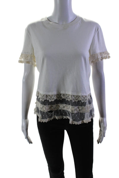 RED Valentino Womens Short Sleeve Lace Trim Tee Shirt White Cotton Size Small