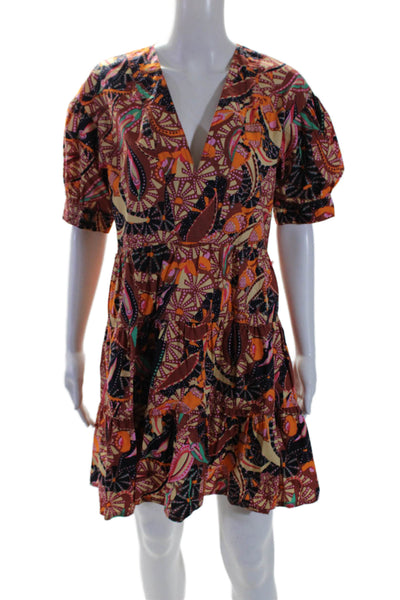 A.L.C. Womens Cotton Brown Multi Printed V-Neck Short Sleeve Shift Dress Size 6