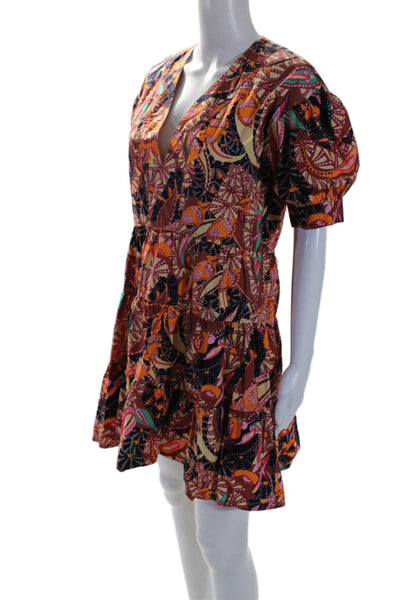 A.L.C. Womens Cotton Brown Multi Printed V-Neck Short Sleeve Shift Dress Size 6