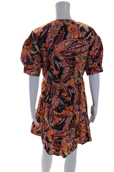 A.L.C. Womens Cotton Brown Multi Printed V-Neck Short Sleeve Shift Dress Size 6