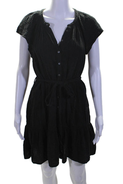 Xirena Womens Black Cotton Crew Neck Button Front Cap Sleeve A-Line Dress Size S