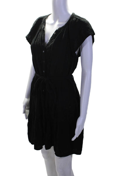 Xirena Womens Black Cotton Crew Neck Button Front Cap Sleeve A-Line Dress Size S