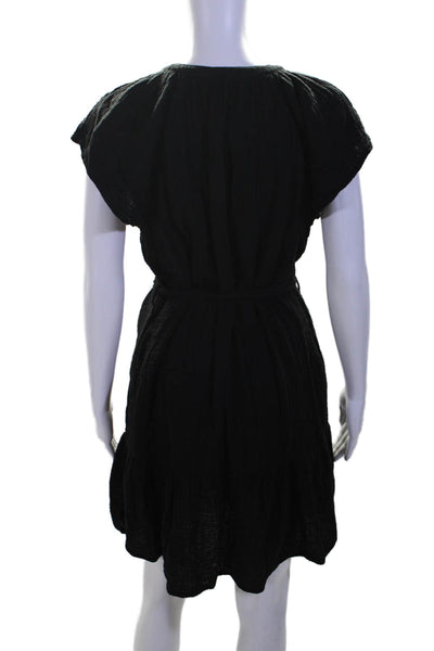 Xirena Womens Black Cotton Crew Neck Button Front Cap Sleeve A-Line Dress Size S