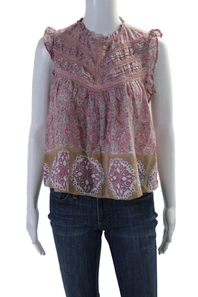 Bell Womens Cotton Abstract Print Ruffle Trim Sleeveless Blouse Pink Size S