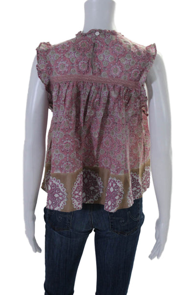 Bell Womens Cotton Abstract Print Ruffle Trim Sleeveless Blouse Pink Size S