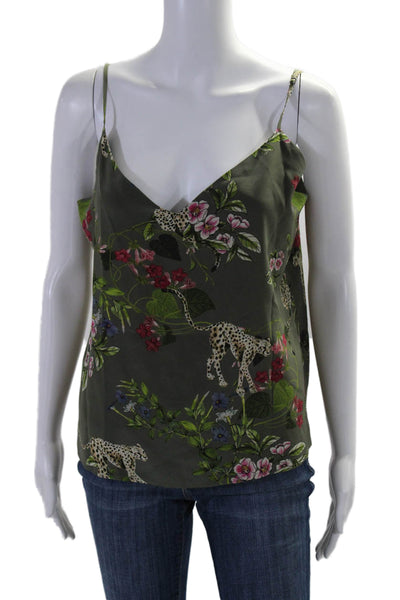 L'Agence Womens Floral Print V Neck Spaghetti Strap Camisole Blouse Green Size M