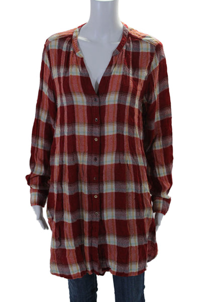 Akemi Kin Womens Plaid Print Buttoned Collared Long Sleeve Top Red Size L