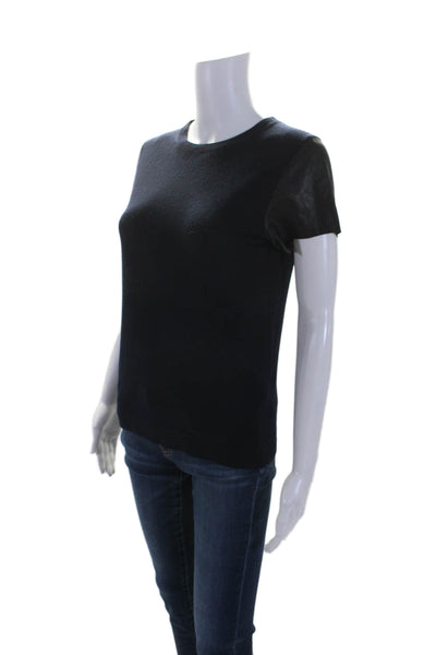 Vince Womens Wool Knit Leather Short Sleeve Crewneck Top Midnight Blue Size XS