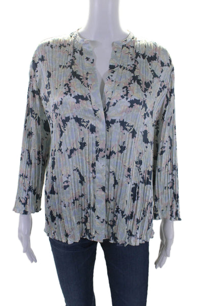 Vince Womens Floral Print V-Neck Pleated Textured Buttoned Blouse Blue Size L