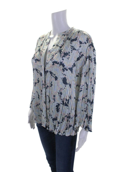 Vince Womens Floral Print V-Neck Pleated Textured Buttoned Blouse Blue Size L