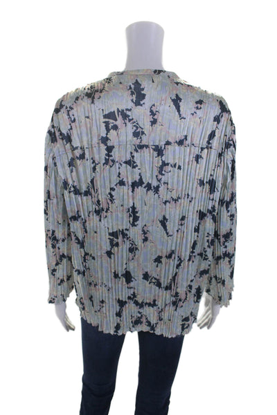 Vince Womens Floral Print V-Neck Pleated Textured Buttoned Blouse Blue Size L