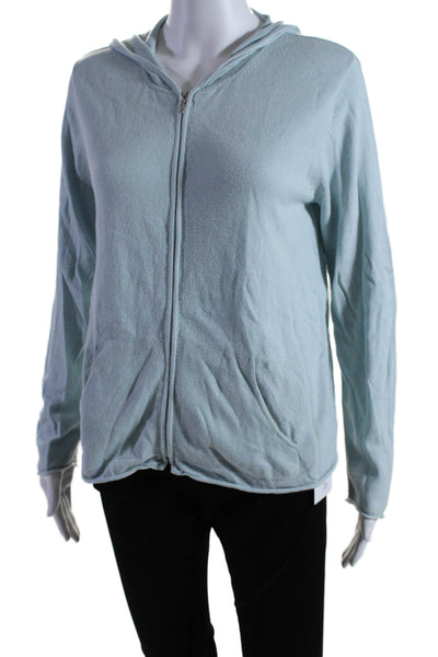 Eileen Fisher Womens Front Zip Long Sleeve Hooded Sweater Blue Cotton Size Small