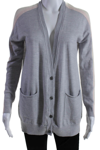 ATM Womens Wool Striped 2 Pocket V-Neck Button Up Cardigan Sweater Gray Size XS