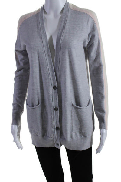 ATM Womens Wool Striped 2 Pocket V-Neck Button Up Cardigan Sweater Gray Size XS