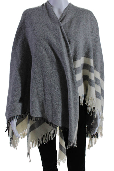 Luisa Brini Womens Wool Blend Striped Fringe Trim Wrap Sweater Gray Size OS