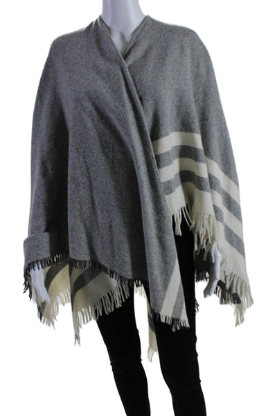 Luisa Brini Womens Wool Blend Striped Fringe Trim Wrap Sweater Gray Size OS