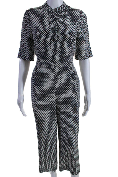 L.K. Bennett Womens Silk Geometric V-Neck Short Sleeve Jumpsuit Black Size 2