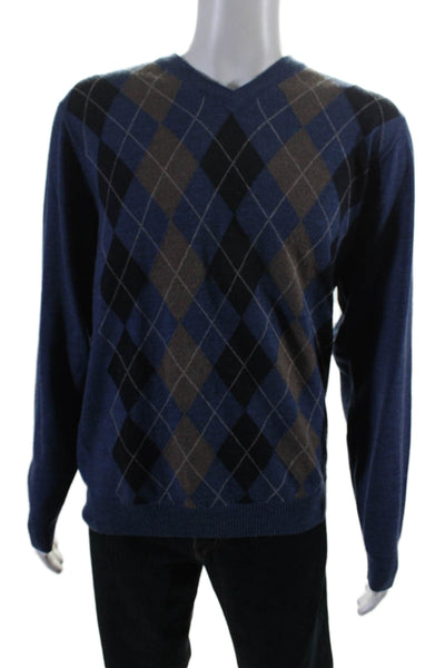 Nordstrom Men's V-Neck Long Sleeves Pullover Blue Plaid Sweater Size M