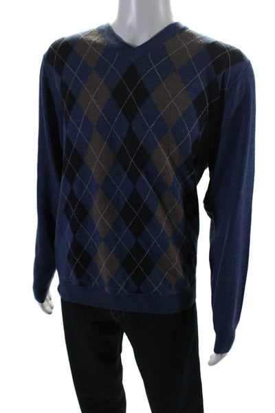 Nordstrom Men's V-Neck Long Sleeves Pullover Blue Plaid Sweater Size M