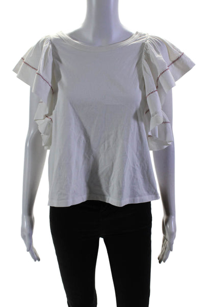 See by Chloe Women's Round Neck Flutter Sleeves Cotton Blouse White Size M