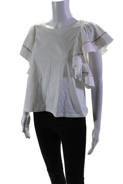 See by Chloe Women's Round Neck Flutter Sleeves Cotton Blouse White Size M