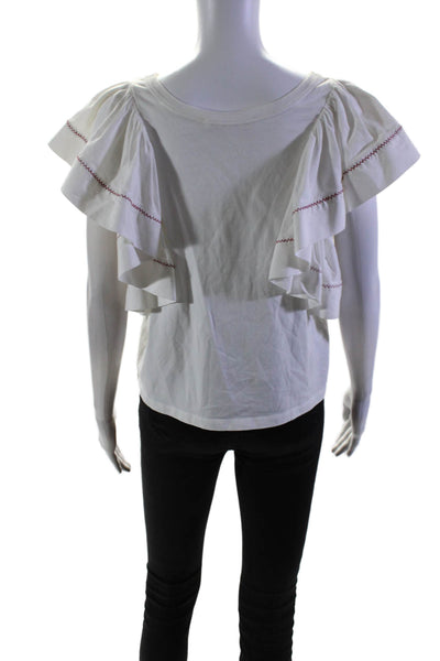 See by Chloe Women's Round Neck Flutter Sleeves Cotton Blouse White Size M