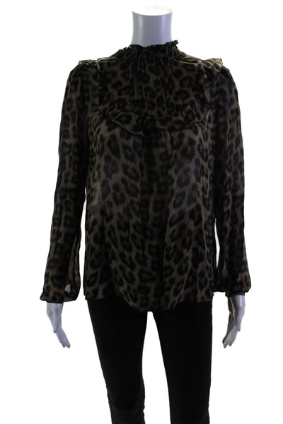 Ba&Sh Women's Ruffle Neck Long Sleeves Button Down Animal Print Blouse Size 1