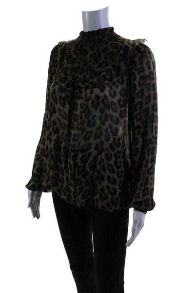 Ba&Sh Women's Ruffle Neck Long Sleeves Button Down Animal Print Blouse Size 1