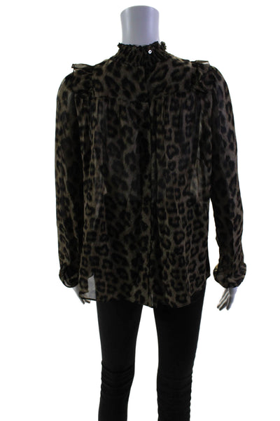 Ba&Sh Women's Ruffle Neck Long Sleeves Button Down Animal Print Blouse Size 1