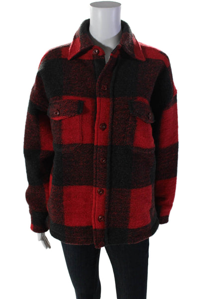 Anine Bing Womens Wool Knit Button Down Plaid Print Shacket Red Black Size XS