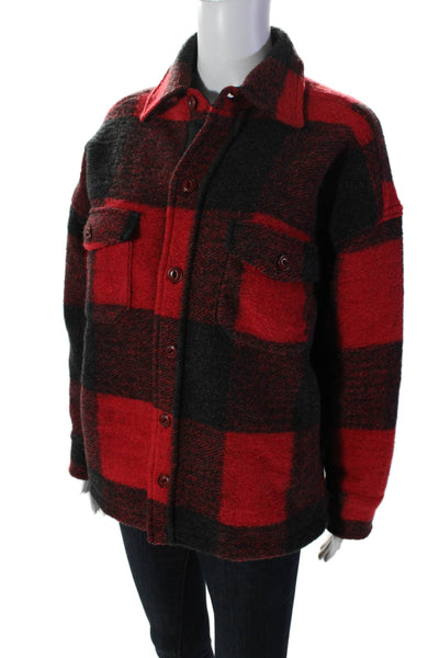 Anine Bing Womens Wool Knit Button Down Plaid Print Shacket Red Black Size XS