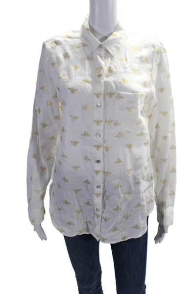 Magaschoni Women's Collared Long Sleeves Button Down Linen Shirt White Size M