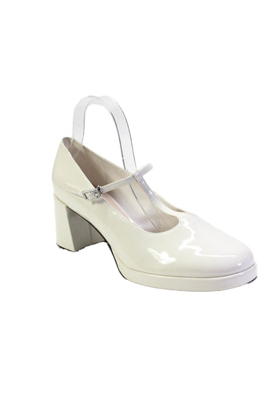 Charles & Keith Womens Block Heel Ankle Strap Pumps White Patent Leather Size 41