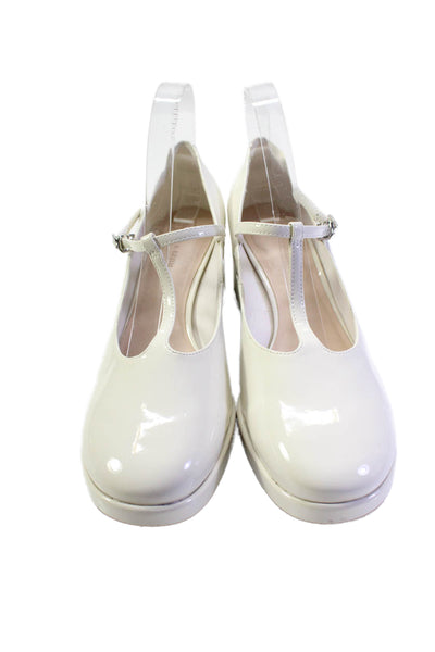 Charles & Keith Womens Block Heel Ankle Strap Pumps White Patent Leather Size 41