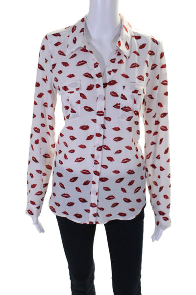 Joie Womens Lip Print Collared Long Sleeve Button Up Blouse Top White Size S