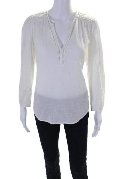 Rebecca Taylor Womens Cotton V-Neck Long Sleeve Pullover Blouse Top White Size 8