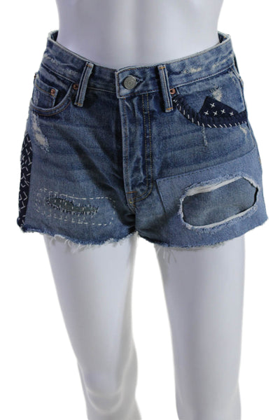 Grlfrnd Womens Blue Patch-Work High Rise Distress Cindy Denim Shorts Size 25