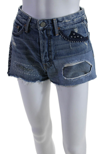 Grlfrnd Womens Blue Patch-Work High Rise Distress Cindy Denim Shorts Size 25