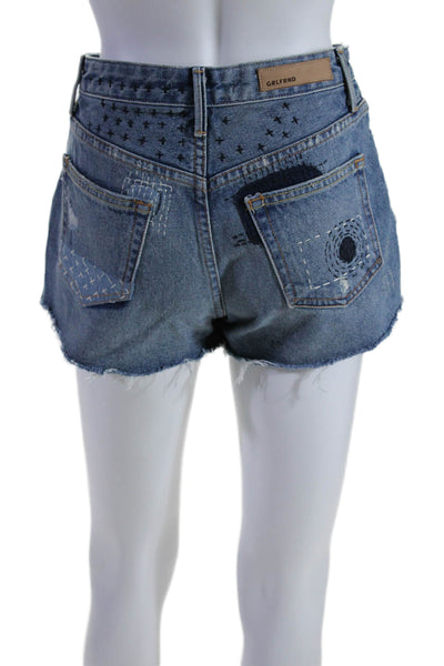 Grlfrnd Womens Blue Patch-Work High Rise Distress Cindy Denim Shorts Size 25