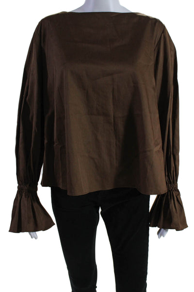 Something Navy Womens Cotton Brown Boat Neck Bell Long Sleeve Blouse Top Size S