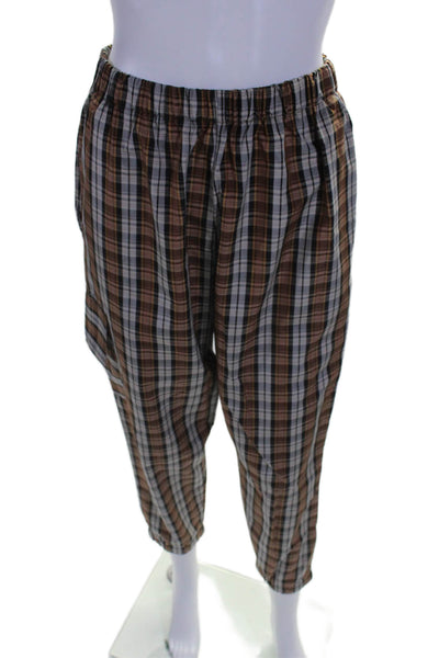 Muze Womens Elastic Waistband Straight Leg Plaid Pants Brown Black Size Small