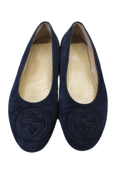 Gucci Womens Slip On Interlocking GG Ballet Flats Navy Blue Suede Size 10B