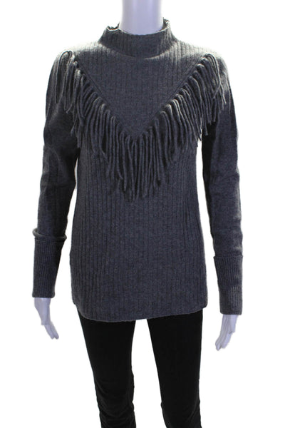 Aqua Womens Long Sleeve Fringe Mock Neck Cashmere Sweater Gray Size Small