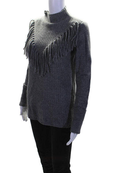 Aqua Womens Long Sleeve Fringe Mock Neck Cashmere Sweater Gray Size Small