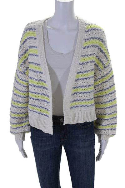 525 Womens Long Sleeve Open Knit Striped Cardigan Sweater White Blue Size Medium