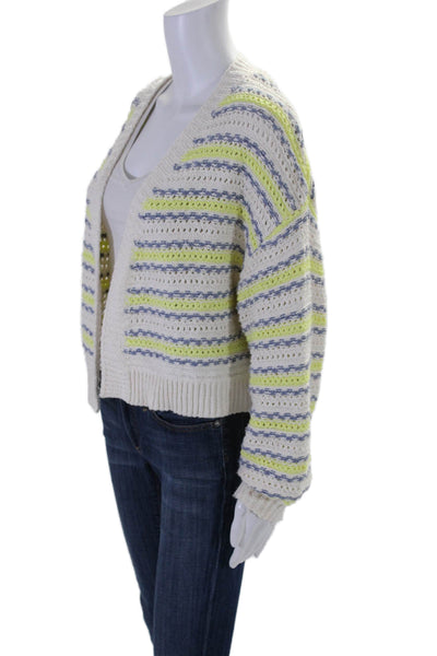 525 Womens Long Sleeve Open Knit Striped Cardigan Sweater White Blue Size Medium