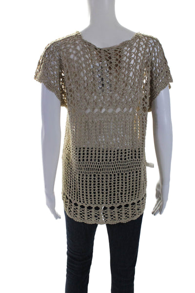 Charlie Joe Womens Open Knit Round Neck Short Sleeve Pullover Top Beige Size M