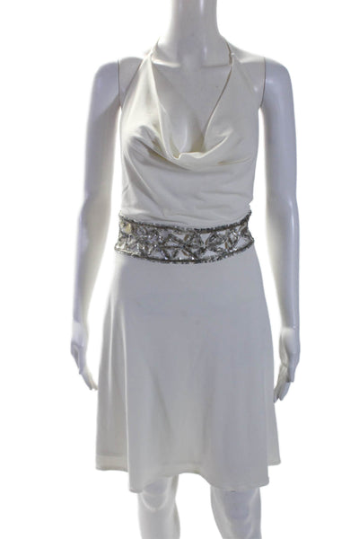 Daslu Couture Womens Draped Beaded Sleeveless Zip Up Halter Dress White Size 36